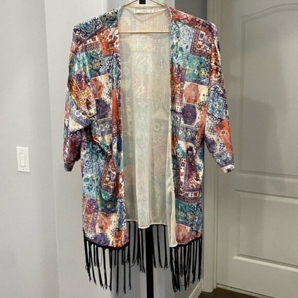 Pull & Bear Velour Hippie Kimono Bohemian Open Front Fringe Aztec Size Medium - Picture 1 of 5